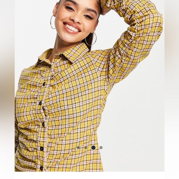 S/4  button down collar ruched check shirt in mustard chekered plaid yellow - Picture 4 of 8